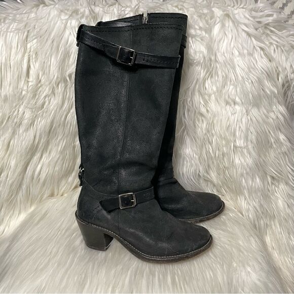 Frye Black Leather Harness Carmen Pull‎ On Zip Tall Heeled Buccaneer Boots 8.5 - Picture 1 of 13